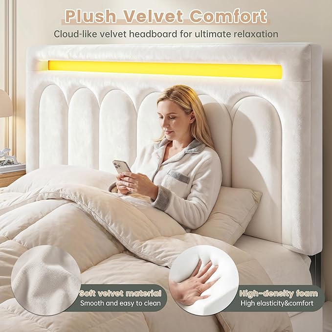 Homkdom Queen Upholstered Bed Frame with 4 Drawers and Velvet Headboard, Platform Bed Frame Queen Size with LED Lights, Wooden Slats Support,Easy Assembly, Beige