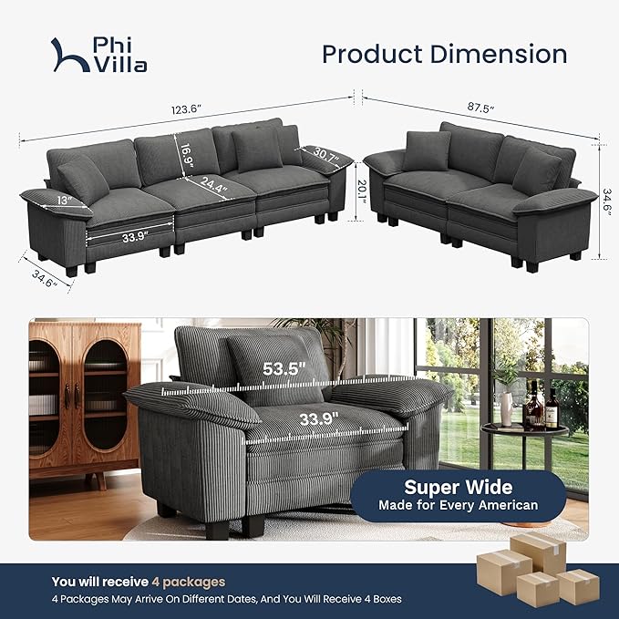 PHI VILLA 2 Pieces Modular Sofa and Loveseat Set, Corduroy 5-Seater Oversized Couch Sets with Deep Seat, Sectional Couches for Living Room, Grey