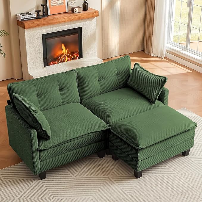 Modular Sectional Sofa, 76.5" L-Shaped Corduroy Comfy Sectional Couches for Living Room, 2-Seater Cloud Couches with 1 Movable Ottoman, Flexible Combination Modern Deep Seat Sofa (Green)