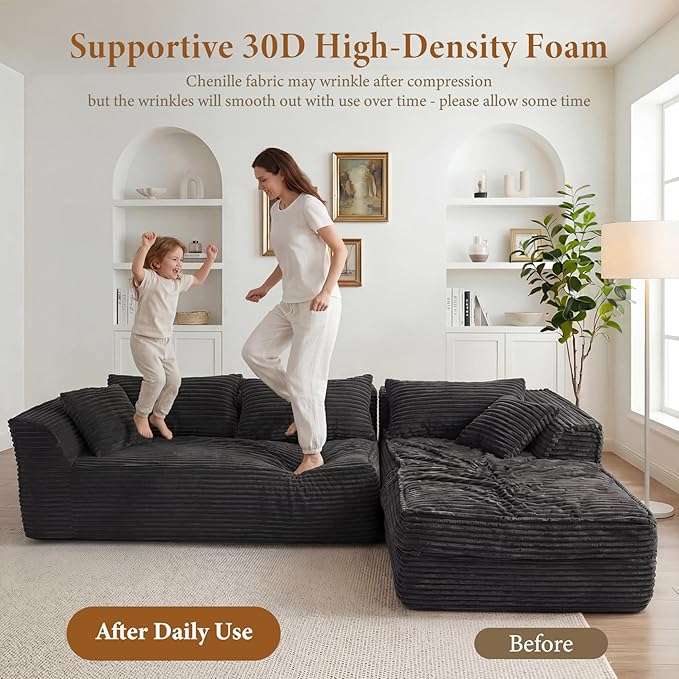 Vesgantti 106" Cloud Couch with Chaise, Deep Seat Fluffy Modular Sectional Sofa Corduroy Memory Foam Boneless Couches for Living Room Bedroom, No Assembly Required (Grey, Right-Facing Chaise)