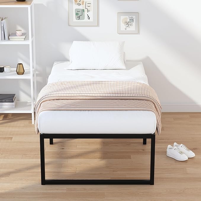 EMODA 16 Inch Narrow Twin Bed Frame 30x75, Heavy Duty Metal Platform No Box Spring Needed, Easy Assembly Noise Free, Black