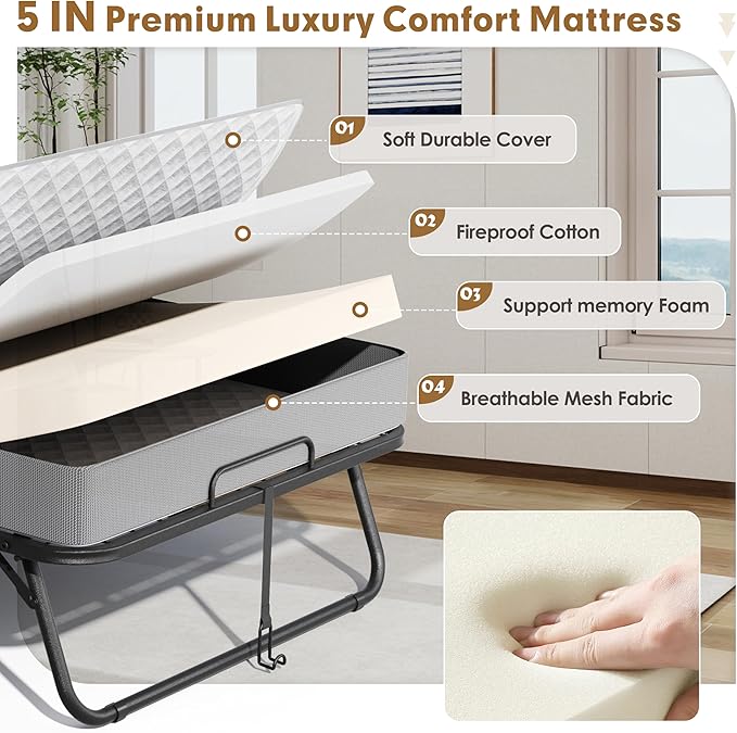 INTERGREAT Folding Bed with Mattress, 75.2" x 31.5" Portable Folding Bed for Adults, Foldable Bed with 5-inch Mattress for Guests, Heavy-Duty Steel Frame Supports Rollaway Bed for Easy Storage | Portable, For Adults, 5-inch Mattress, Heavy-Duty Steel, ...