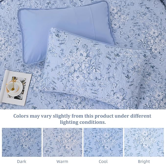 WONGS BEDDING Quilt King Size, Blue Quilt Bedding Set with 2 Pillowcases, Botanical Quilt for King Bed, Soft Microfiber Lightweight Coverlet Bedspread for All Season (110"×90", 3 Pieces)