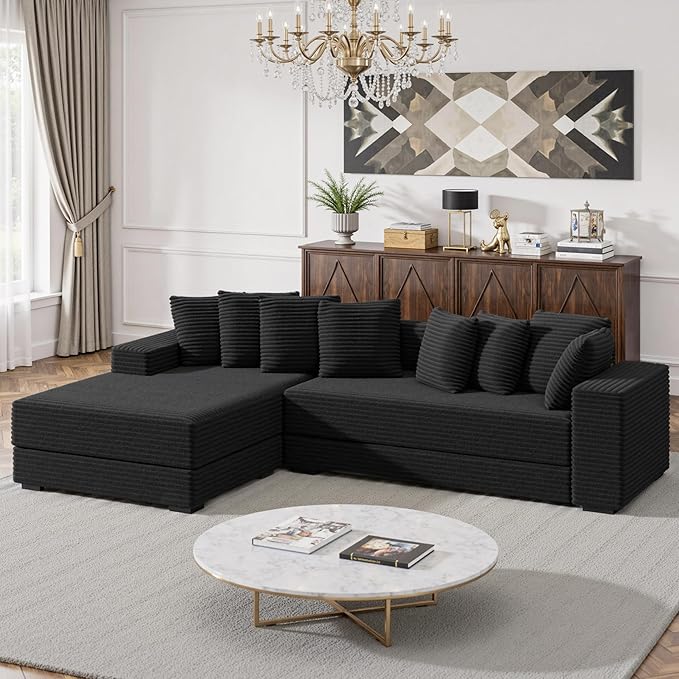 111'' Modular Sectional Cloud Couches with Chaise, L Shaped Extra Large Sleeper Couch Reversible Fluffy Corduroy with 8pcs Pillows for Living Room(Black Left Facing Chaise)
