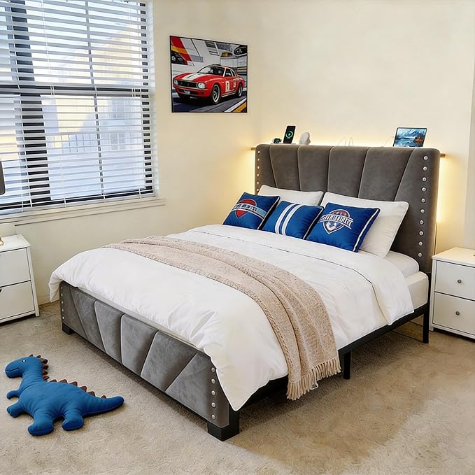 EnHomee Twin Bed Frame, Twin Size Bed Frame and Headboard, Bed with Charge Station and Led Light for Bedroom Apartment, Dorm, Noise-Free, Easy Assembly, Gray