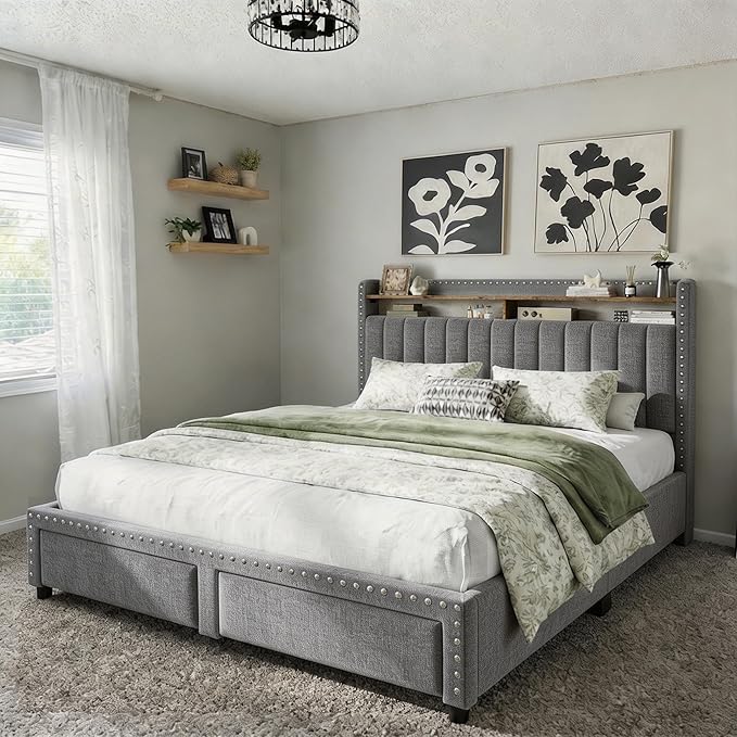 EnHomee Queen Size Bed Frame with 2 Storage Drawers Upholstered Queen Bed Frame with Headboard Solid Wood Slats,No Box Spring Needed,Noise-Free Extra Storage Space for Bedroom Apartment, Grey