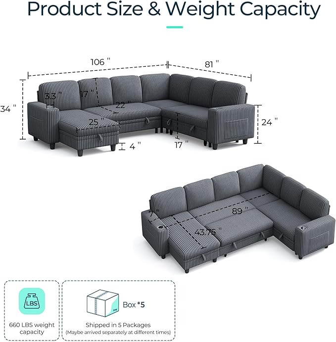 LINSY HOME Sectional Sleeper Sofa Pull Out Couches for Living Room (Grey, Sleeper Sofa 4) | Pull Out Sofa Bed, Storage, USB Charging, Cup Holders, Plush Corduroy
