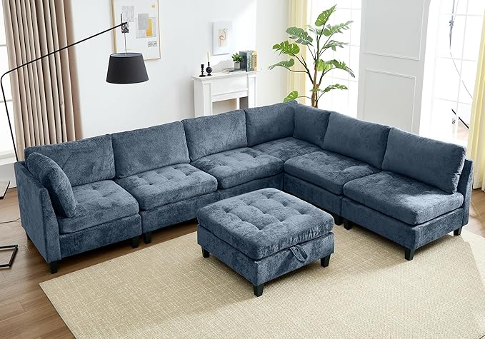 Luxe Oversized Modular Sectional Sofa, Modern Chenille Convertible Sleeper Sofa with Storage Ottoman, Comfy Deep Seat U-Shaped Cloud Couch for Living Room（Blue，6-Seater + 1*Ottoman）