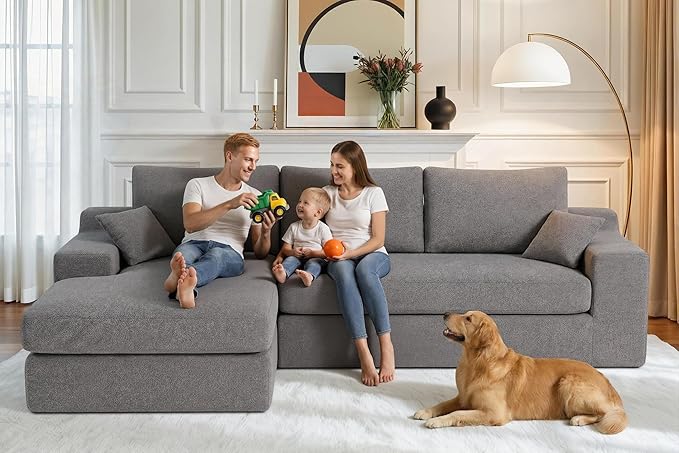 HABUTWAY 101'' Modular Sectional Sofa, Cloud Sectional Couches for Living Room, Comfy Boneless Couch with Deep Seat, Modern L-Shape Sofa with Chaise, No Assembly Required (Grey, Left Facing Chaise)