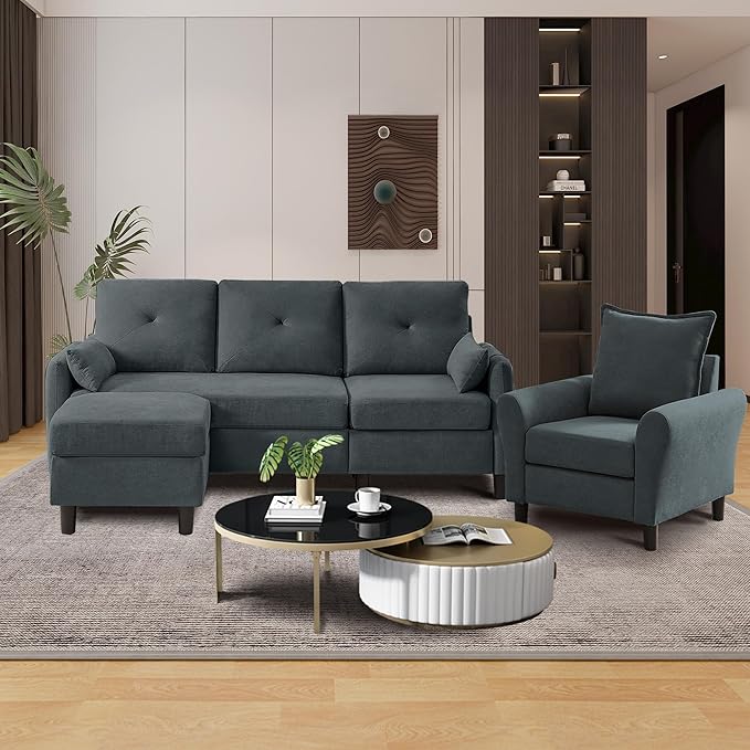 Convertible Sectional Sofa, 77" Small L Shaped 3 Seat Couch with Reversible Storage Chaise, and Accent Chair Set Modern Polyester Fabric Sofa Couches for Living Room, Apartment, Dark Grey