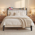LIKIMIO Full Bed Frames, Bouclé Storage Headboard with Charging Station, Solid and Stable, Noise Free, No Box Spring Needed, Easy Assembly