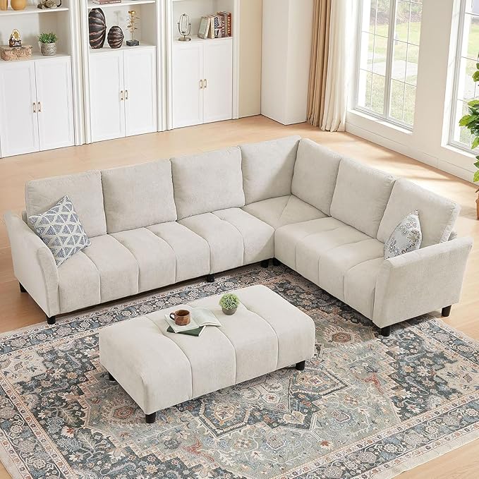 103" Convertible Sectional Sofa with Long Ottoman, Modern Upholstered Fabric L-Shaped Couch with Back Cushions, 6 Seat Sofa Couches for Living Room, Apartment, Office, Beige