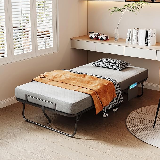 Folding Bed with Mattress for Adults, 75" x 38" Twin Size Rollaway Bed with Memory Foam Mattress, Portable Foldable Guest Bed with Metal Frame, Deluxe Single Bed for Side Storage Pocket