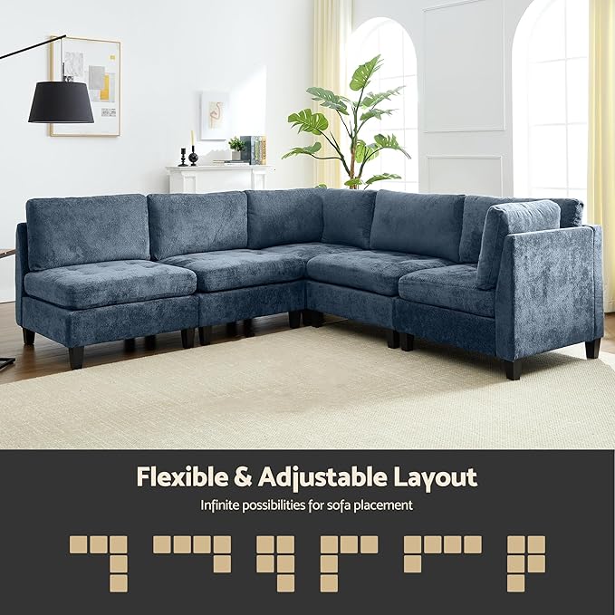 Luxe Oversized Modular Sectional Sofa，Modern Chenille Convertible Corner Couch，Comfy 5 Seater L-Shaped Sofas Sectional Cloud Couch for Living Room（Blue，5-Seater）