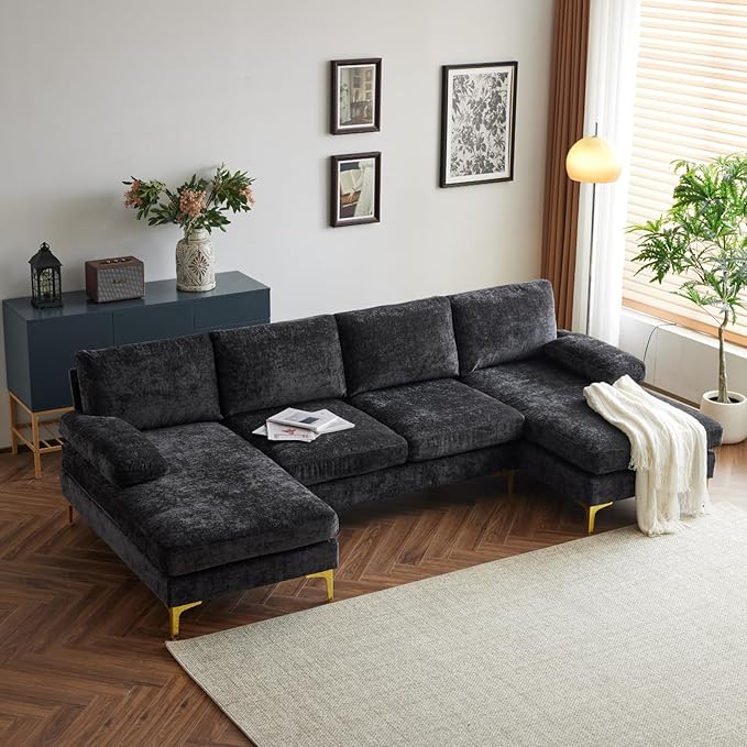 Karl home Convertible Sectional Sofa 110" U-Shape Sofa Couch 4-Seat Couch with Chaise ChenilleFabric Upholstered for Living Room, Apartment, Office, Black