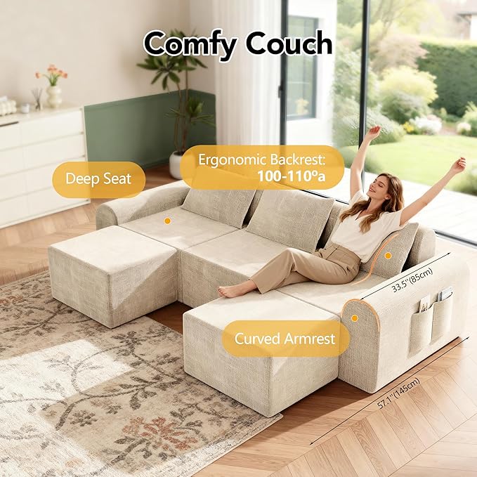 86.6" Cloud Boneless Sectional Sofa for Living Room, 3-Seater Modular Couch for Small Apartments with 2 Ottomans, Deep Seat Chenille Fabric Sofa, No Assembly, 72H Full Restore, Beige