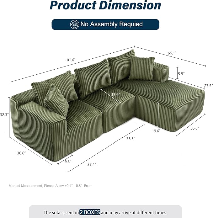 3 Seater L Shaped Sofa with Deep Seat, 101" Cloud Sectional Couch with Chaise, Cozy Modular Couches Sleeper, Oversized Corduroy Sofa for Living Room Bedroom Apartment, Green