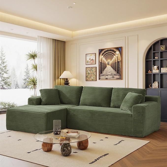95" Sectional Couches for Living Room Cloud Couch Sofa with L-Shape Upholstered Boneless Couchs Modern Modular Sectional Couch with Chaise (Green, 95" W+Left Facing Chaise+2Seaters)