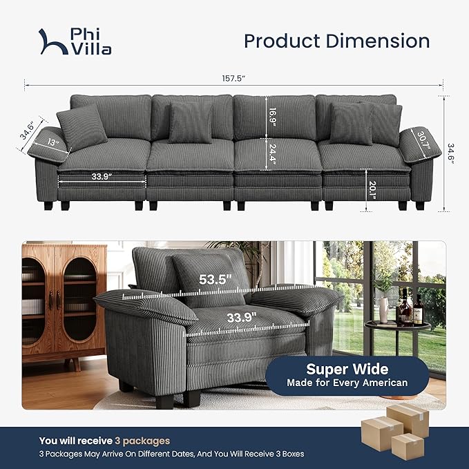 PHI VILLA Cloud Modular Couches Sets, 157.5" Sectional Sofa with Upholstered Deep Seat, 4-Seater Long Couches for Living Room Apartment, Corduroy Fabric, Grey