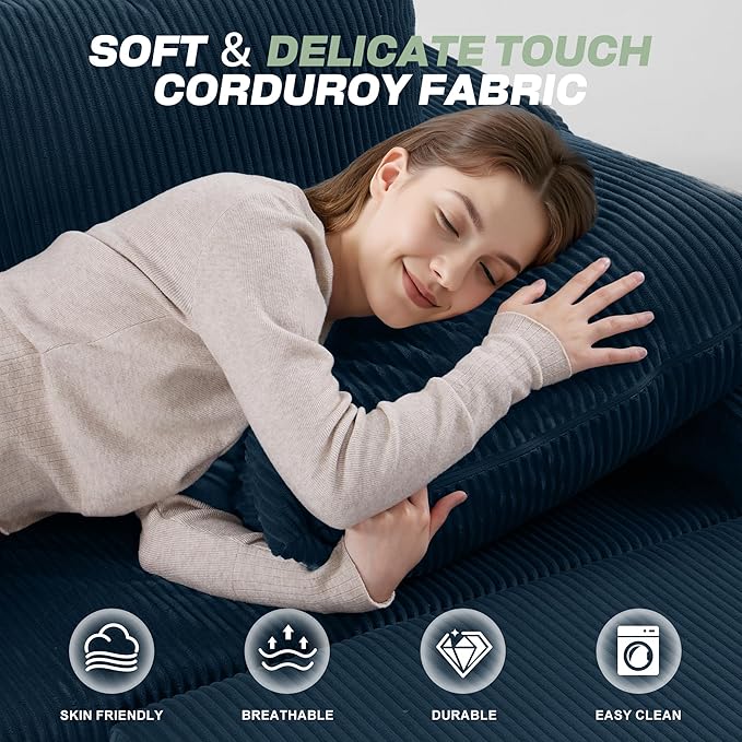 HABUTWAY 94“ U Shaped Modular Sectional Couch for Living Room, Modular Cloud Sofa with Ottoman, No Assembly Boneless Couches with Deep Seat, Corduroy Fabric (Blue, Left Facing)