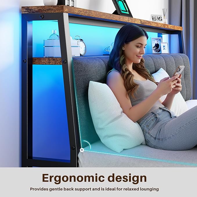 Homkdom King Bed Frame with Charging Station and LED Lights, Grey Upholstered Headboard with 2-Tier Storage Shelves,12" Under-Bed Storage, No Sliding, Noiseless, 1100LBS,76.2W*88L*40H