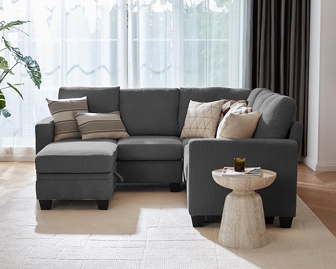 CHIC HOUSE Modular Corner Sectional Sofa with Storage Ottoman, Corduroy L-Shaped Couch, Compact Small Space Furniture for Living Room & Apartment, (Dark Grey, 6 Seater L-Shaped)