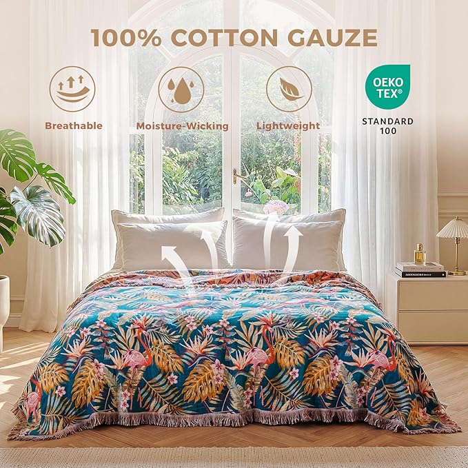 LUTBM Boho Throw Blanket for Bed Cotton Spring Blankets Bedroom Living Room Twin All Season Lightweight Forest Embroidery Quilt for Couch Sofa Chair 60"x80"