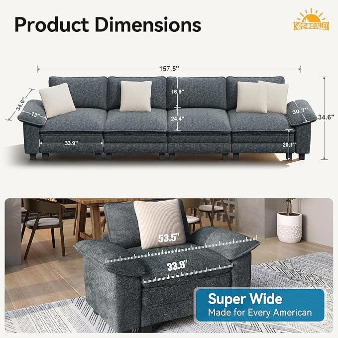 4 Seat Modular Sofa, 157.5'' Oversized Modern Chenille Sectional Couch with Removable Armrest and Pillow, Upholstered Cloud Deep Seat Sofa for Living Room, Cyan