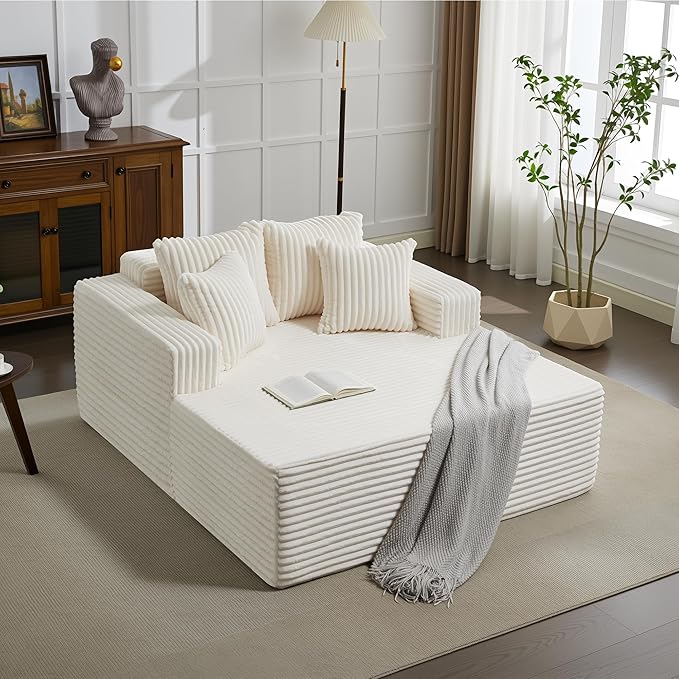 Oversized Chaise Lounge Chair Indoor 61" D x 54" W 2‑Person Comfy Cloud Boneless Couch Corduroy Foam No Assembly Required Sofa Bed with 4 Pillows & Armrests for Living Room & Bedroom