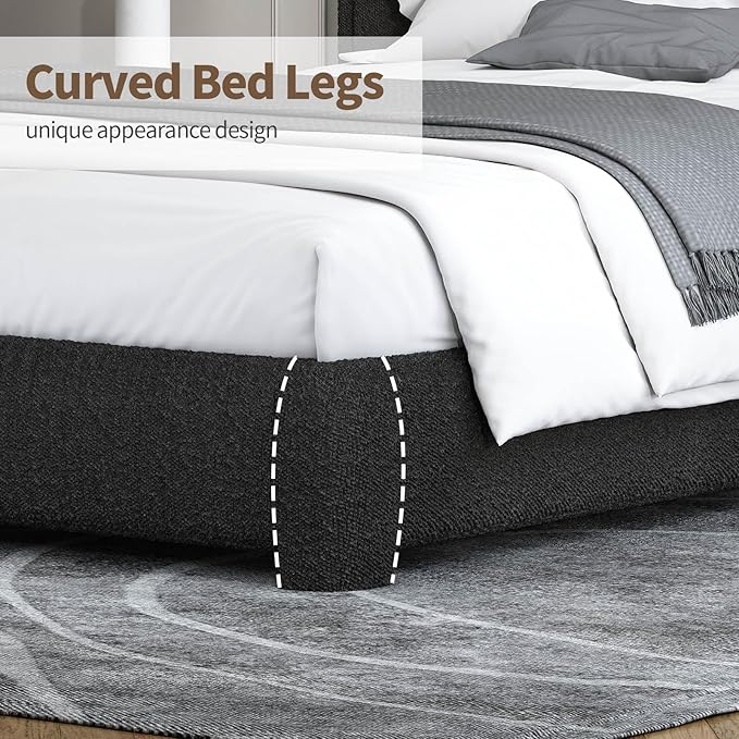 BarnFurin Twin Size Bed Frame, Boucle Upholstered Platform Bed Frame with Headboard, Soft Rounded Corners, No Box Spring Required, Non-Slip and Noise-Free, Easy Assembly, Black