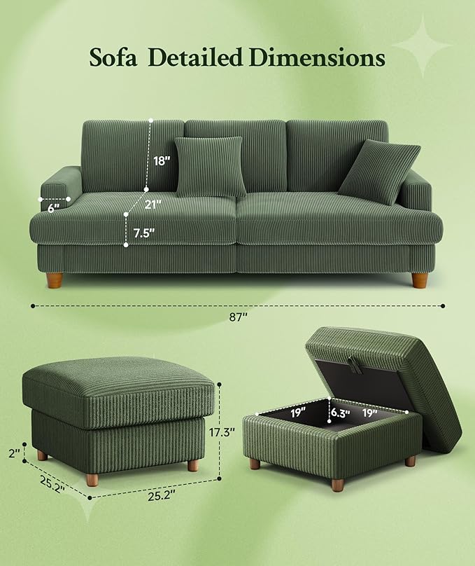 87.2" Couches for Living Room, Comfy U Shaped Couch Green 7.5" Thicker Cushion, Sofas for Living Room Tool-Free Setup, Loveseat with Ottoman 848lbs Support, Corduroy Couch for Bedroom, Office