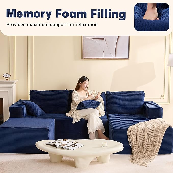 107" Boneless Couch with Deep Seat, Set of Modular Sectional Sofa, Cloud Sectional Couch for Living Room, No Assembly Required, Corduroy, U-Shape 3 Seater Right, Blue