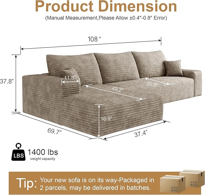 108" Sectional Couches for Living Room Cloud Couch Sofa with L-Shape Upholstered Boneless Couchs Modern Modular Sectional Couch with Chaise (Camel, 108" Left Facing Chaise+2Seaters)