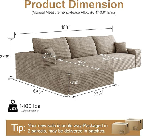108" Sectional Couches for Living Room Cloud Couch Sofa with L-Shape Upholstered Boneless Couchs Modern Modular Sectional Couch with Chaise (Camel, 108" Left Facing Chaise+2Seaters)