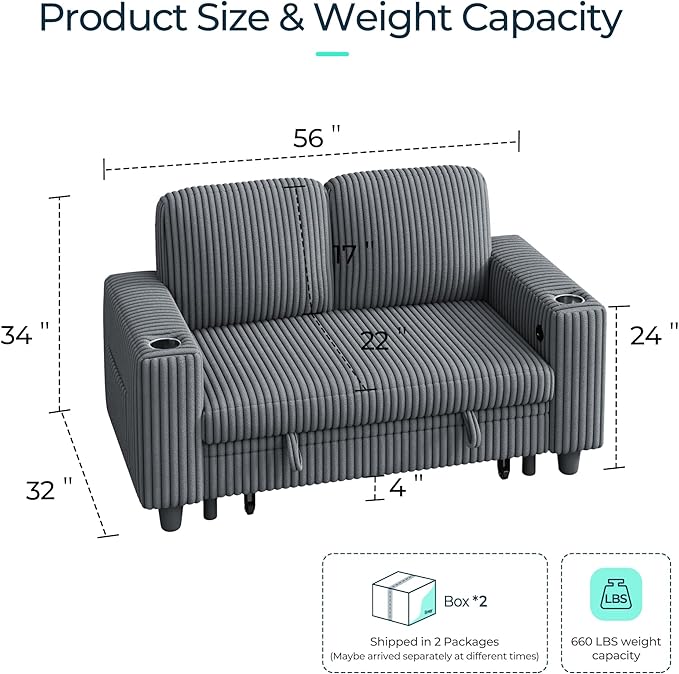 LINSY HOME Loveseat Sofa with Storage - Comfy Plush Corduroy 2 Seater Sofa with USB Charging & Cup Holders, Deep Seat Love Seat for Small Spaces Living Room Bedroom Apartment, Grey