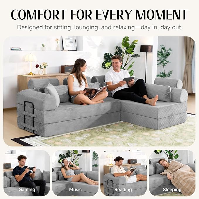 106" L-Shaped Modular Boneless Couch, 2-Piece System (2×70.87"), Convertible Sectional to 141.7" Straight Sofa, Corduroy Couch in a Box, Headrest & Back Pillows for Living Room, Light Grey