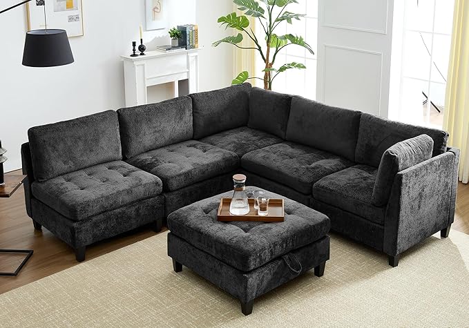 Luxe Oversized Modular Sectional Sofa, Modern Chenille Convertible Sleeper Sofa with Storage Ottoman, Comfy Deep Seat U-Shaped Cloud Couch for Living Room（Dark Grey，5-Seater + 1*Ottoman+ Tea Tray）