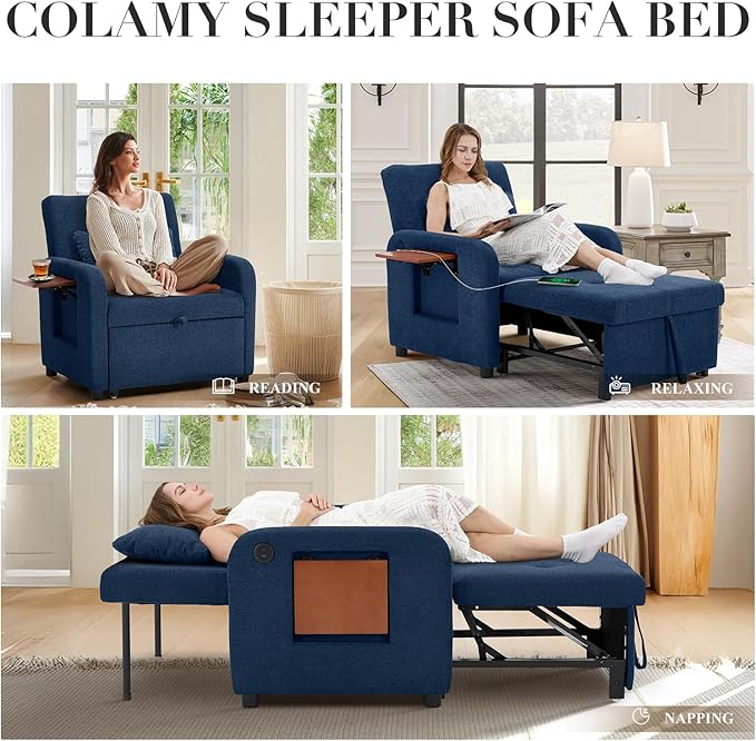 Convertible Sleeper Chair-Fabric Futon Sofa Bed, Single Sleeper Sofa, Small Couch Bed with USB Port, Foldable Table, Pillow, Adjustable Backrest for Dorm/Bedroom/College DarkBlue