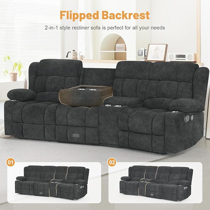 Recliner Sofa Set with Storage Console, Flip Middle Backrest Design 3 Seater Reclining Sofa and 2PC Single Recliner Chair, Manual Couches for Living Room (Gray, 3 Seat+Console+1+1)