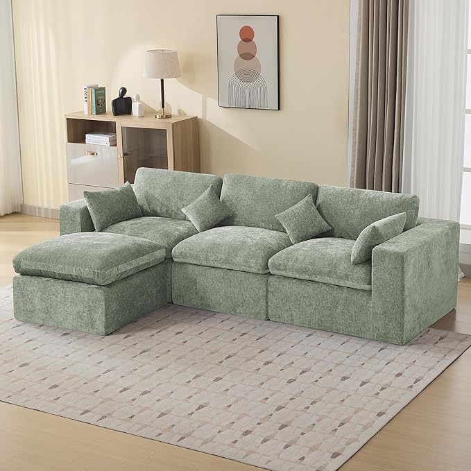 115''Cloud Boneless Sectional Couch, Modular Sectional Sofa Deep Seat with Ottoman, Oversized Upholstered Convertible Comfy 4 Seater Chenille Sofa L Shape Couches for Living Room, Green