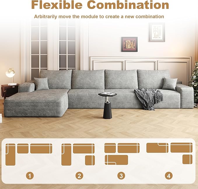 136" Sectional Couches for Living Room Cloud Couch Sofa with L-Shape Upholstered Boneless Couchs Modern Modular Sectional Couch with Chaise (Grey, 136" Left Facing Chaise+3Seaters)