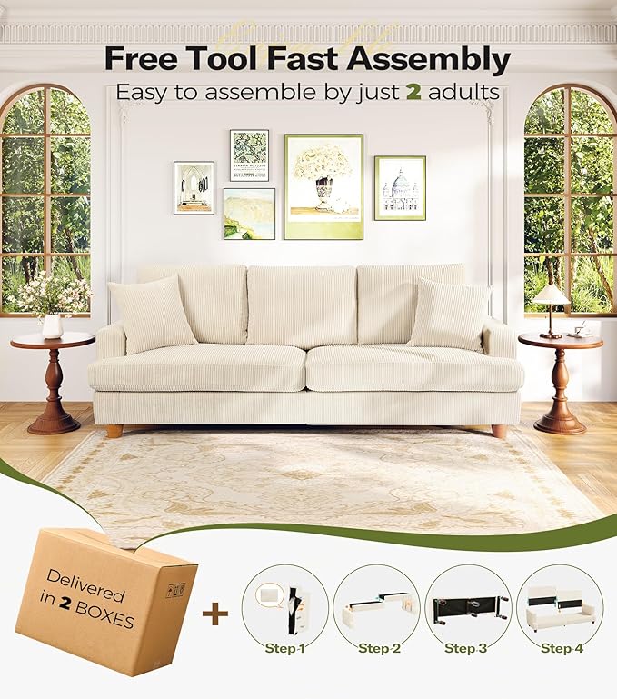 Kidirect 87in L Shaped Couch, Modular Sofa No Tool Assembly, Comfy Sectional Couches for Living Room 21in Deeper Seats, Corduroy Sofas for Living Room with 2 Pillows, Loveseat Sofa Set, Beige Couch | Comfy Corduroy, Oversized 87in Couch, 850LB Tough, T...