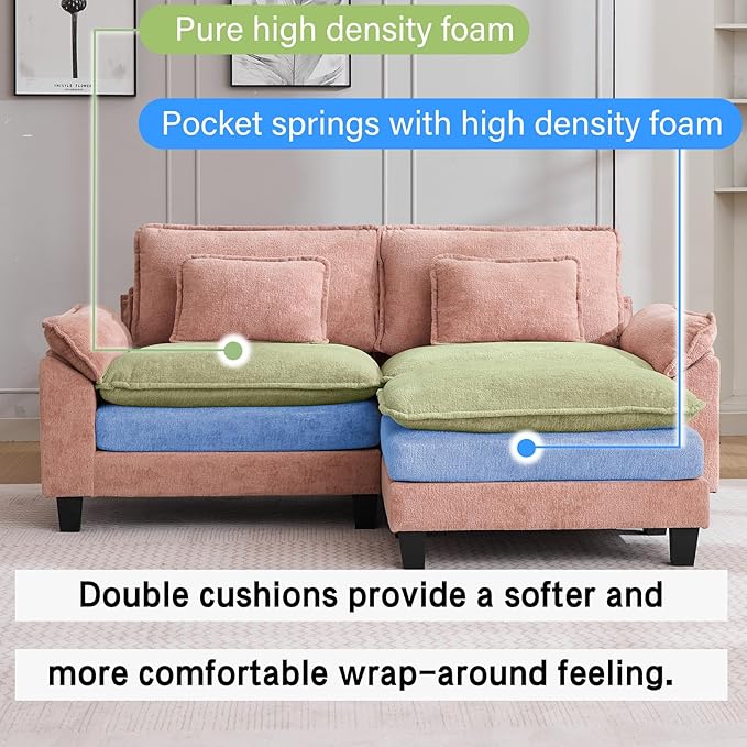 86" Modular Sectional Sofa, Comfy Cloud Couch Sectional Sofa with Ottoman, Chenille Sofa Sleeper Deep Seat Sofa with Throw Pillows for Living Room (Pink, 86"- L Shape)