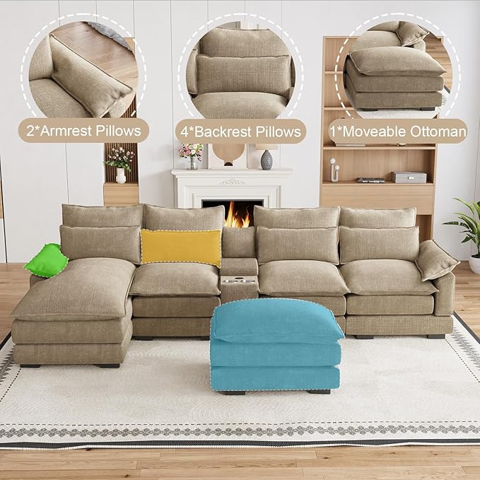 135" U Shaped Cloud Couch Sectional Modular Sectional Couches for Living Room Oversized Comfy Chenille Sofa Cloud Couch Set with Storage Central Console, USB Ports, Chaise Lounge, Ottoman, Brown