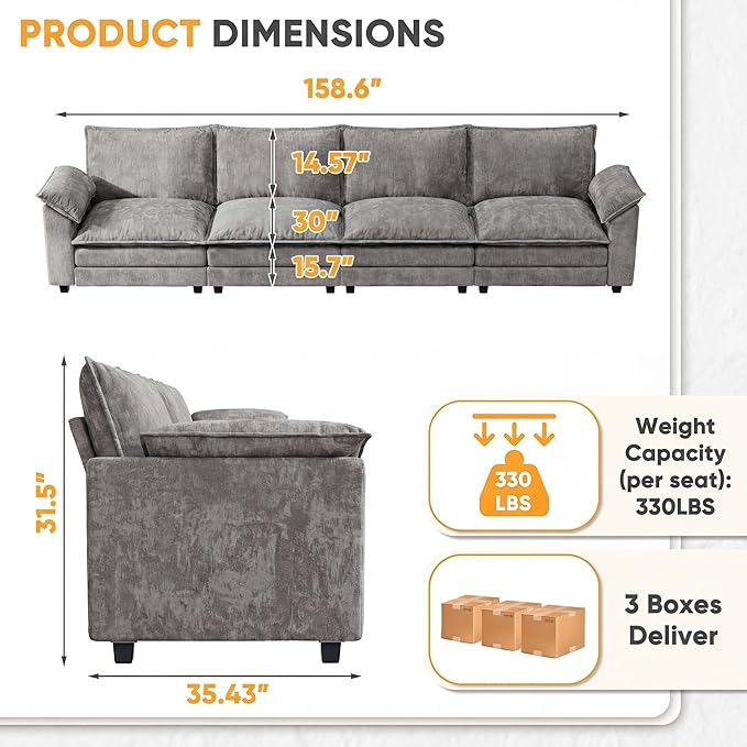 158.6'' Sectional Cloud Couch with 4 Seats & Wide Armrests, Oversized Linear Sofa with Double Layer Cushions, Comfy Chenille Couches for Living Room and Apartment (Light Grey, Linear Sofa)