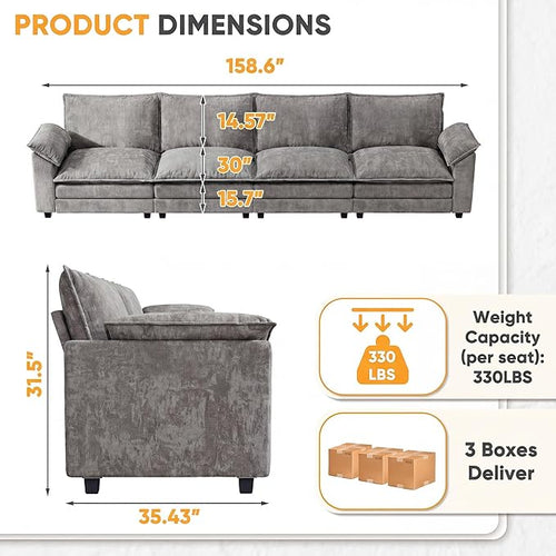 158.6'' Sectional Cloud Couch with 4 Seats & Wide Armrests, Oversized Linear Sofa with Double Layer Cushions, Comfy Chenille Couches for Living Room and Apartment (Light Grey, Linear Sofa)