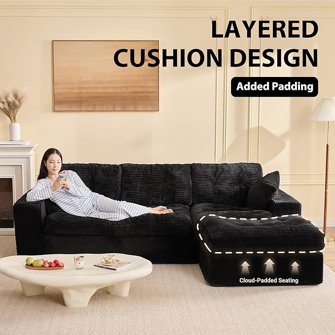 Modular Sectional Sofa, 102” L-Shaped Corduroy Couch with Ottoman, Deep Seat Comfy Sectional for Living Room, Set of Soft Upholstered Cloud Couch for Apartment, Black