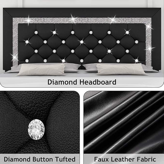 Full Bed Frame, Faux Leather Platform Bed with Upholstered Diamond Headboard, Mattress Foundation with Strong Wooden Slats Support, No Box Spring Required, Easy Assembly, Black