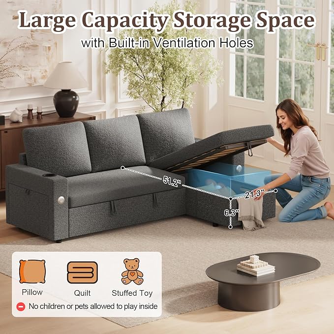 Sleeper Sofa Bed, 4-in-1 Pull Out Couch with Reversible Chaise | Dual USB & Type-C Charging | Dual Cup Holders | Layered Storage (Armrest + Chaise) for Living Room, Apartment, Home Office (Dark Gray)
