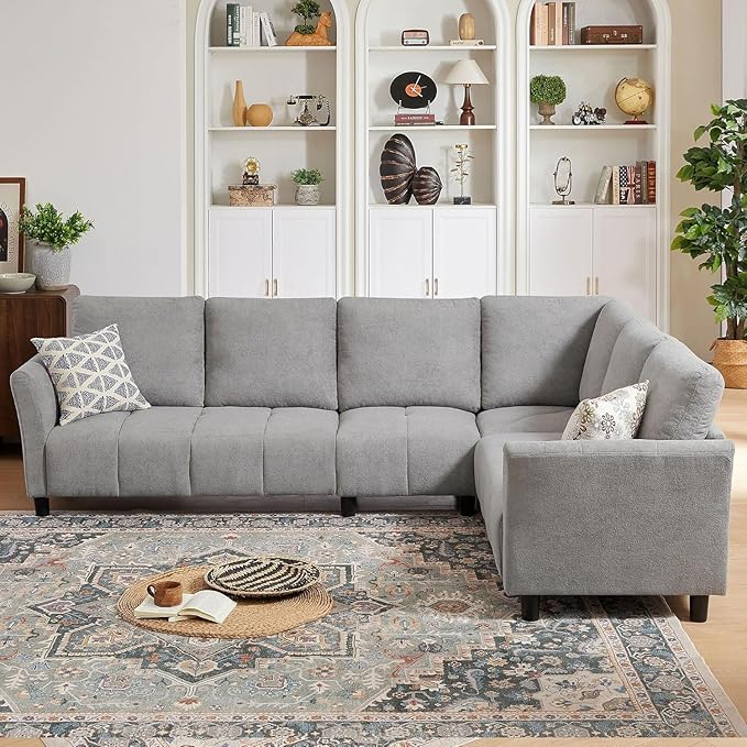 Convertible Sectional Sofa Couch, 102" L Shaped Couch with Back Cushions, Modern Upholstered Fabric 6-Seat Reversible Sofa Set for Living Room, Apartment, Office, Light Grey